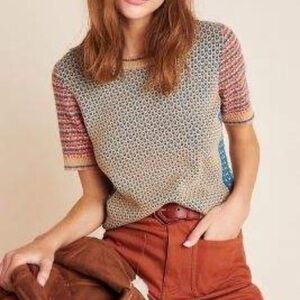 NWT Anthropologie Keaton Short Sleeve Knit Sweater Small Tan/Blue Multi Boho